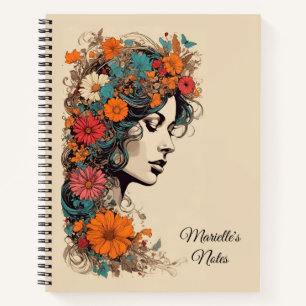 Cuaderno Chica retro con flores en el pelo