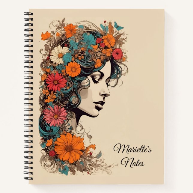 Cuaderno Chica retro con flores en el pelo (Anverso)