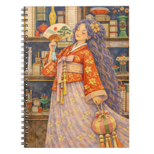 Cuaderno Chica soñadora coreana con Hanbok, abanico y Norig