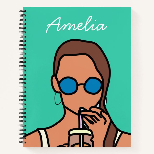 Cuaderno Chica tomando té de burbuja adolescente moderno (Anverso)