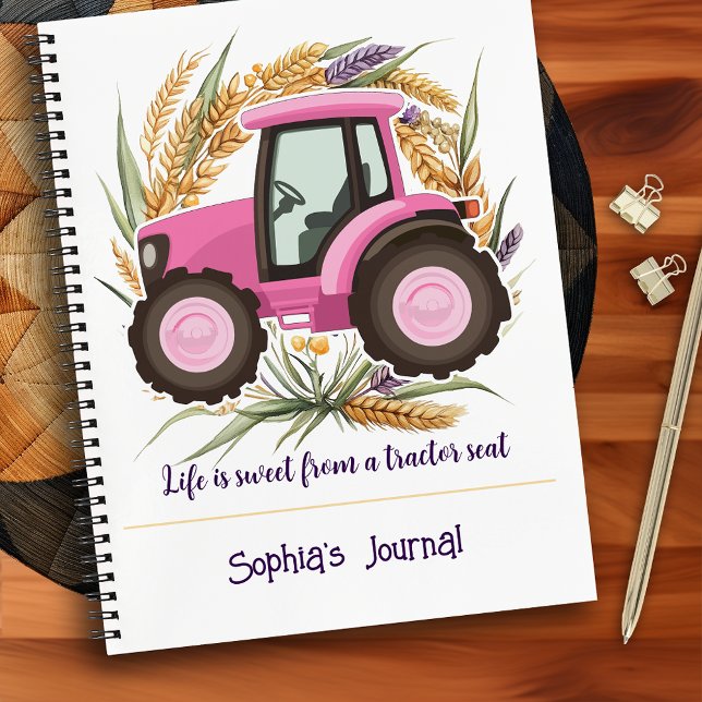 Cuaderno Chica Tractor de Granja Rosa Personalizado Girly (Girl Personalized Pink Farm Tractor Girly Notebook)