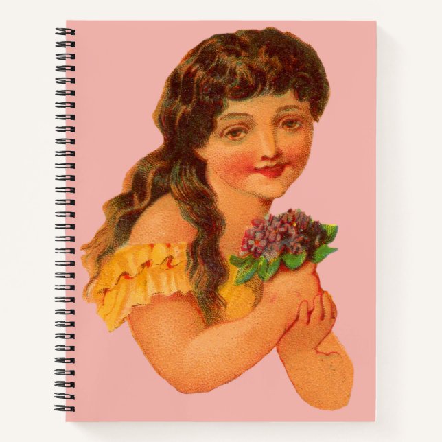 Cuaderno Chica victoriano sostiene violetas (Anverso)