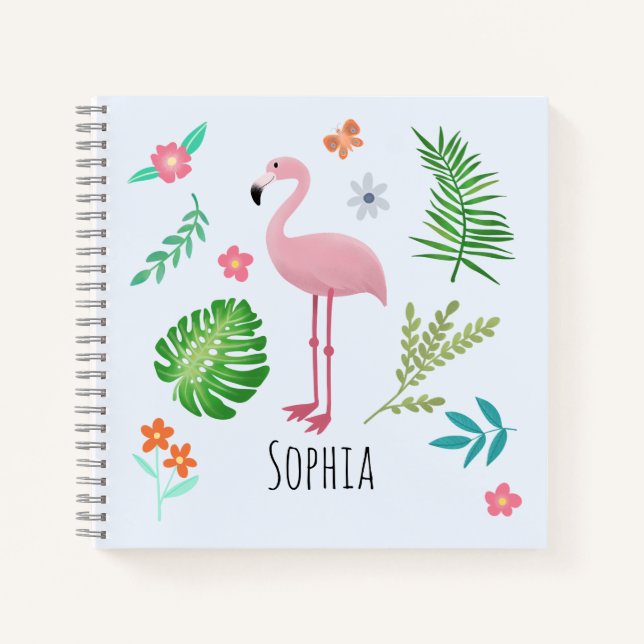 Cuaderno Chicas cortan flamenco tropical rosado y flores ni (Anverso)
