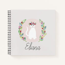 Cuaderno Chicas cortan gato blanco con flores y nombre