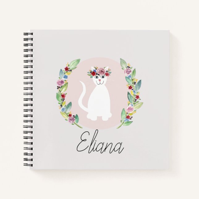 Cuaderno Chicas cortan gato blanco con flores y nombre (Anverso)