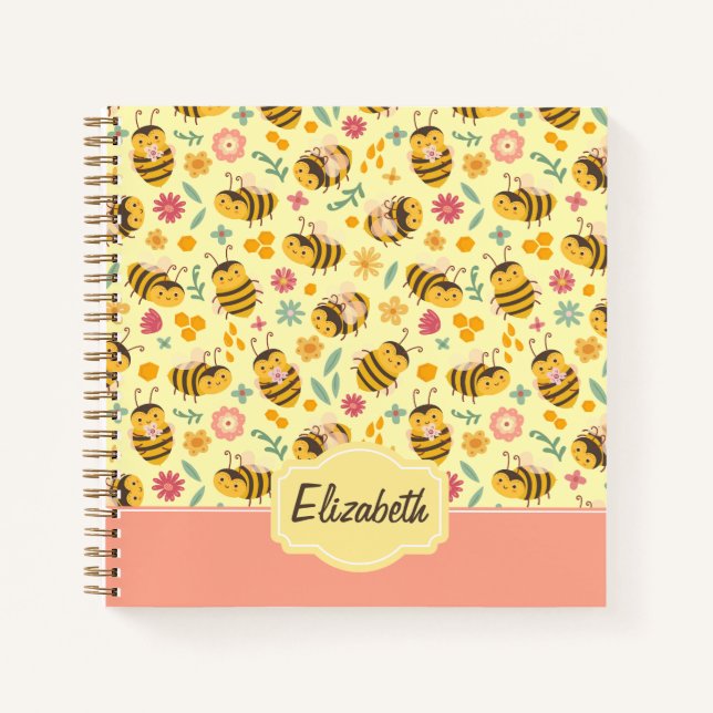 Cuaderno Chicas Cute Bumble Bee Primavera Floral Patrón niñ (Anverso)