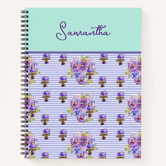 Cuaderno Chicas de arte floral Pansy Flower Aqua Stripe Nom