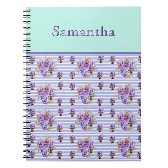 Cuaderno Chicas de arte floral Pansy Flower Aqua Stripe Nom (Frente)