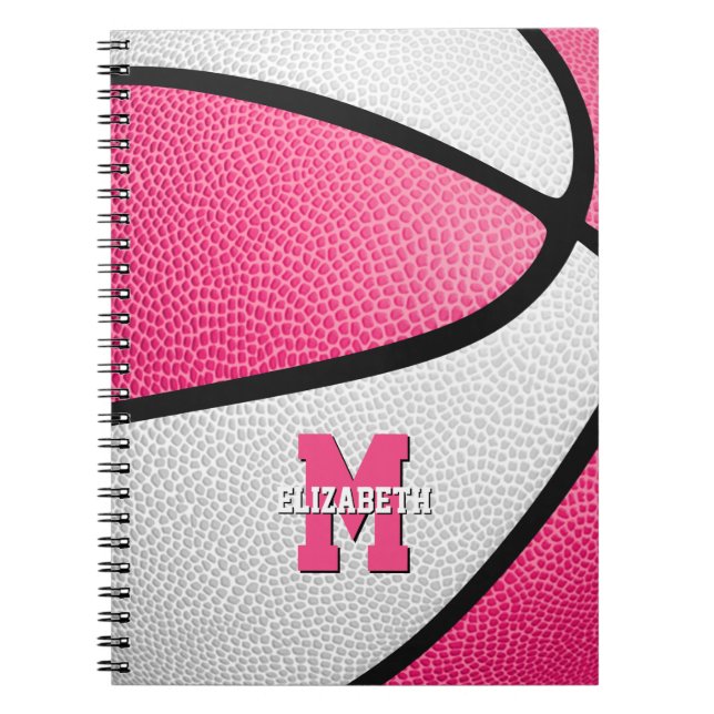 Cuaderno chicas de baloncesto blanco rosado monogramados (Frente)