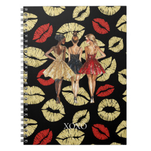 Cuaderno Chicas en Glam Gold Vestidos Negros Rojos Besos La