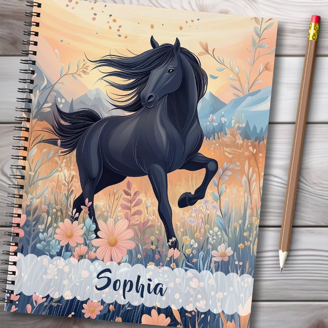 Cuaderno Chicas Flor Silvestre Caballo Negro Floral Rosa Az (Black Horse Wildflower Meadow Floral Blue Pink Notebook - Personalize the name and the back message.)