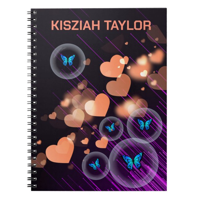 Cuaderno Chicas Mariposa Neon Púrpura Corazón Bonito Nombre (Frente)