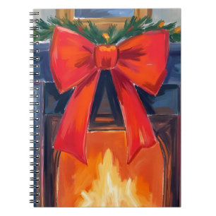 Cuaderno Chimenea de Navidad Acuarela Alegre con Lazo Roj