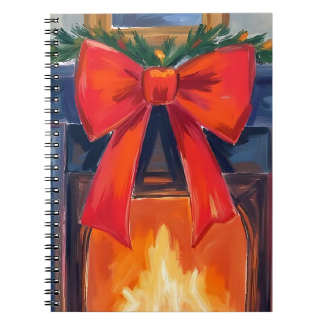 Cuaderno Chimenea de Navidad | Acuarela Alegre con Lazo Roj (Frente)