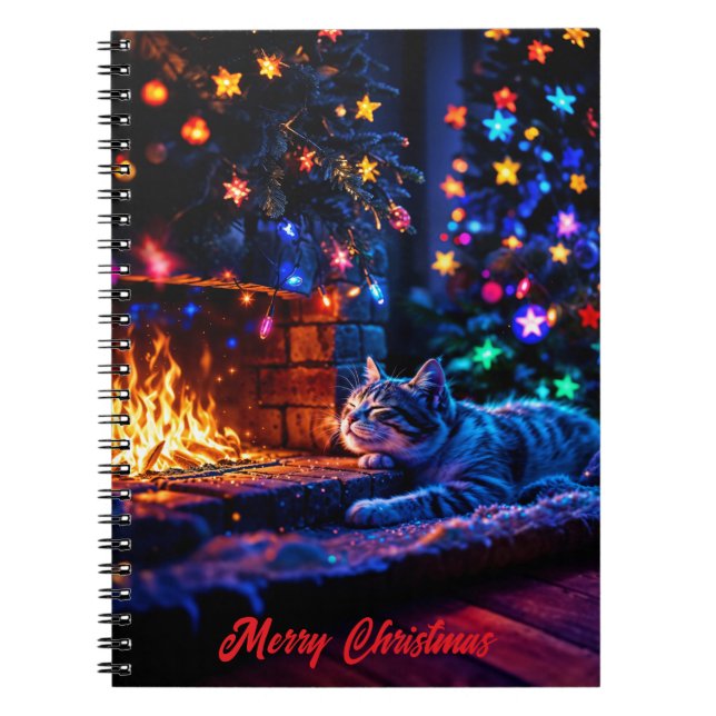 Cuaderno Chimenea simpática gato Feliz Navidad (Frente)