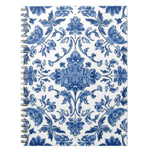 Cuaderno Chinoisería floral azul acuarela blanca