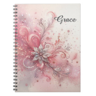Cuaderno Chispa Rosa Plata Brillo Flor Personalizado  