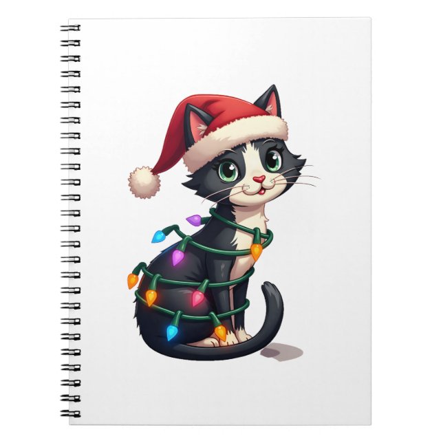Cuaderno Christmas Cat Tuxedo black cat xmas lights kitty c (Frente)