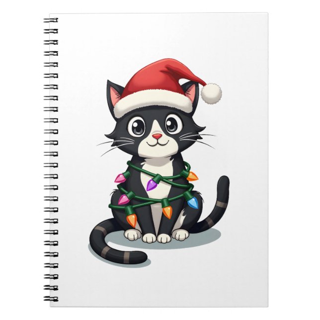 Cuaderno Christmas Cat Tuxedo black cat xmas lights kitty c (Frente)