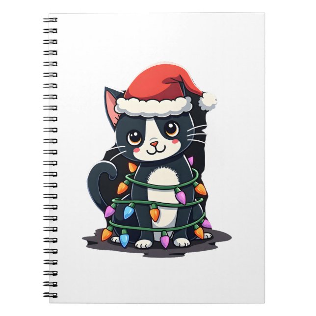 Cuaderno Christmas Cat Tuxedo black cat xmas lights kitty c (Frente)