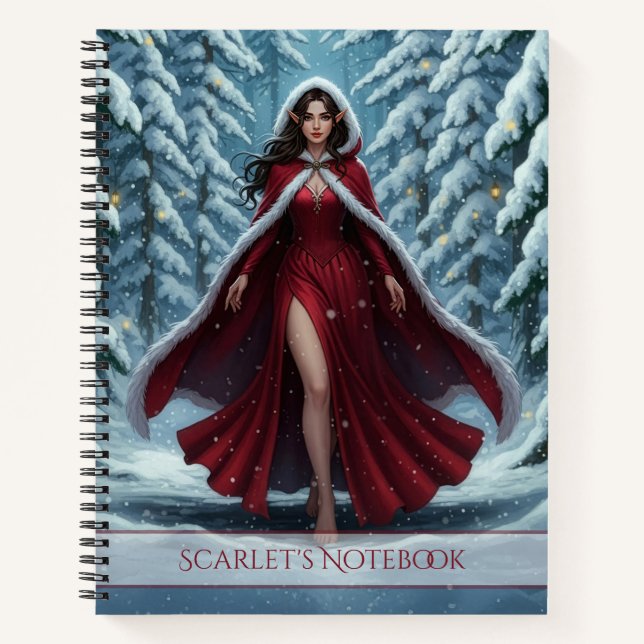 Cuaderno Christmas Elf in Red in Snowy Winter Forest (Anverso)