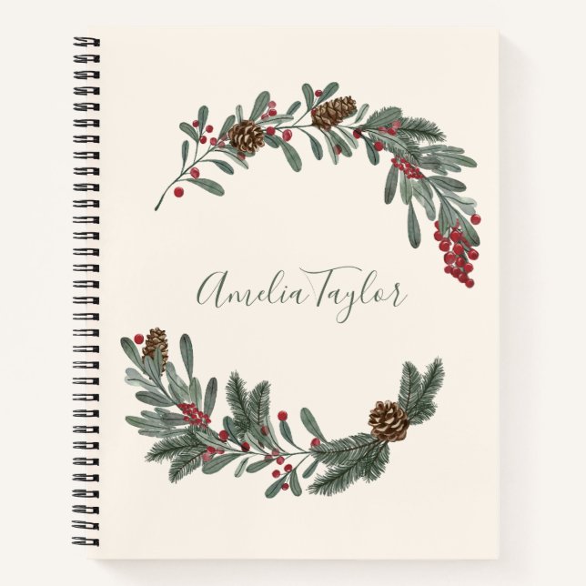 Cuaderno Christmas Floral Wreath Personalized Script Name (Anverso)