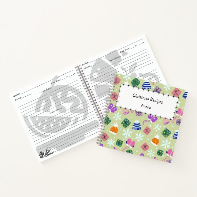 Cuaderno Christmas Green Doodle Pattern Monogram Recipe  (Interior)