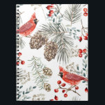 Cuaderno Christmas seamless pattern, cardinal birds, red be<br><div class="desc">Christmas seamless pattern,  cardinal birds,  red berries,  fir twigs,  cedar cones,  white background. Vintage illustration. Nature design. Season greeting. Winter Xmas holidays</div>