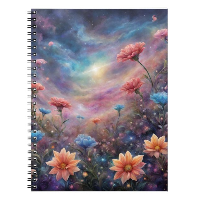 Cuaderno Cielo cósmico con flores de fantasía (Frente)
