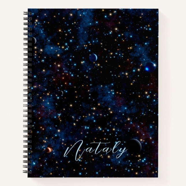 Cuaderno Cielo nocturno con estrellas y planetas personaliz (Anverso)