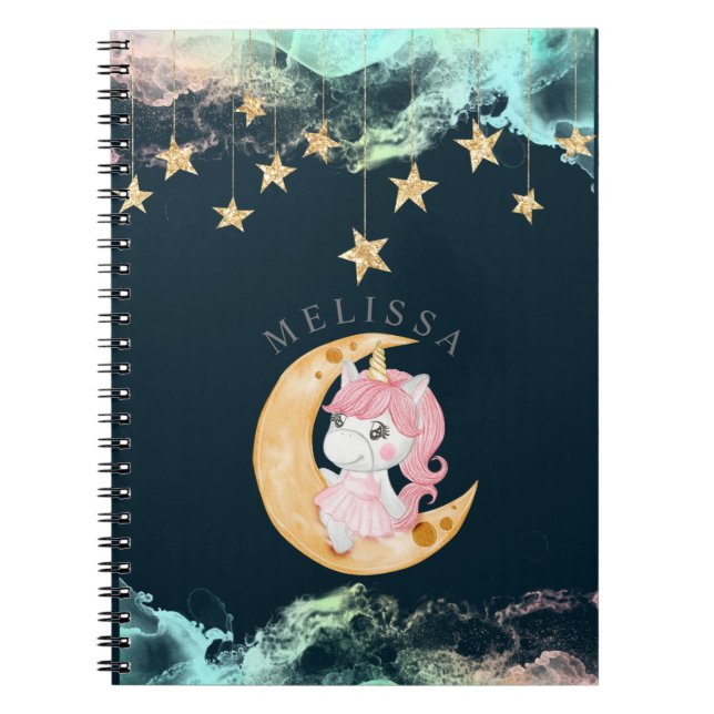 Cuaderno cielo nocturno lindo unicornio Monograma (Frente)