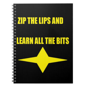 Cuaderno Cierra los labios texto amarillo sobre diseño negr
