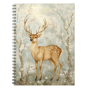 Cuaderno ciervo sika en un bosque primaveral, rodeado de fl