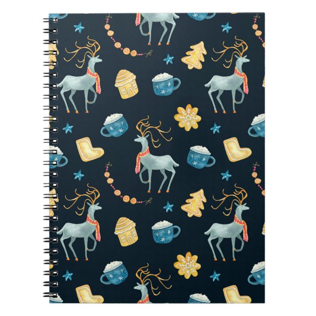 Cuaderno Ciervos de Navidad: Patrón continuo de acuarela (Frente)