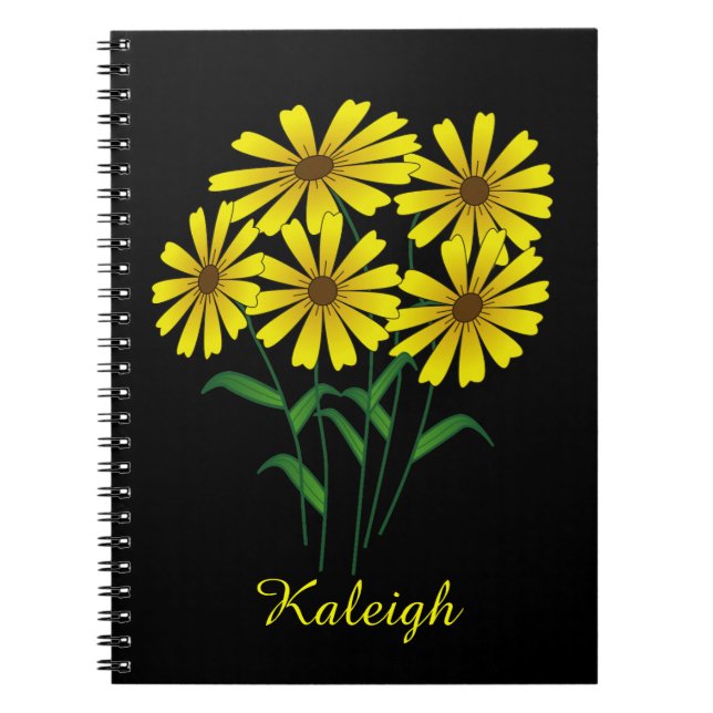 Cuaderno Cinco flores amarillas en negro personalizado (Frente)
