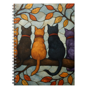 Cuaderno Cinco Gatos en una Rama de Árbol Estilo Vidrio Pin