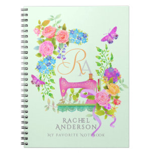 Cuaderno Cinta de costura Floral Monograma Verde