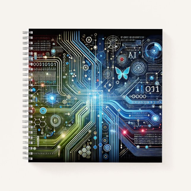 Cuaderno Circuit Board, Binary Code & Glowing Butterfly  (Anverso)