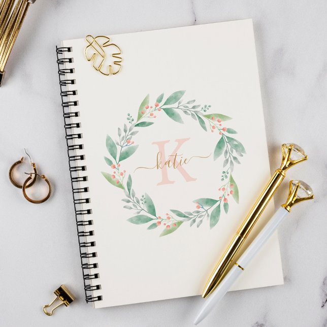 Cuaderno Círculo floral monograma acuarela rosa (Subido por el creador)