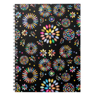 Cuaderno Círculos de flores coloridas brillantes sobre negr