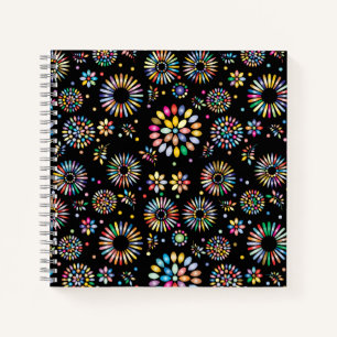 Cuaderno Círculos de flores coloridas brillantes sobre negr