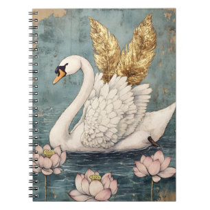Cuaderno cisne majestuoso con alas doradas flota en el agua