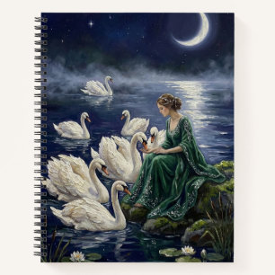 Cuaderno Cisnes celtas Fantasía Artística Nocturna en Lago