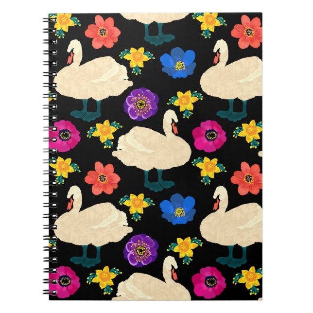 Cuaderno Cisnes, flores, fondo negro dibujado a mano. (Frente)