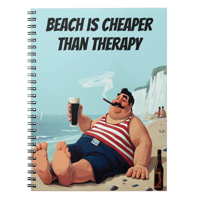 Cuaderno Cita divertida en la playa, hombre con cerveza, (Frente)