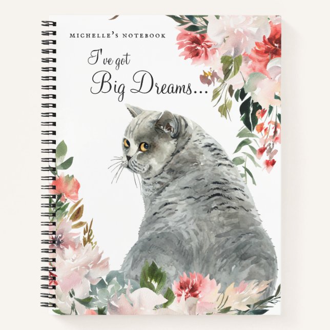 Cuaderno Cita floral de gato gris acuático y monograma (Anverso)