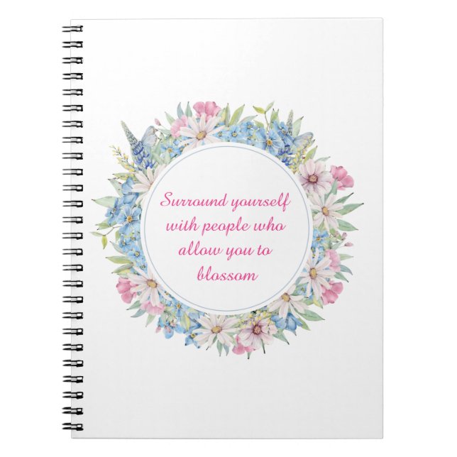 Cuaderno Cita Motivadora Cita Floral Azul Blanco Rosa (Frente)