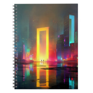 Cuaderno Ciudad futurista con portal de neón radiante