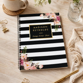 Cuaderno Clásicas Notas Personales Florales de Rayas Negras