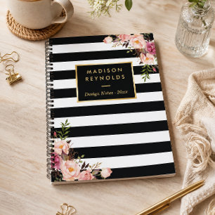 Cuaderno Clásicas Notas Personales Florales de Rayas Negras